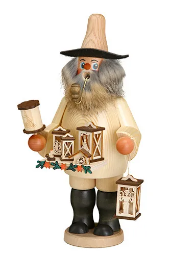 Erzgebirgische Volkskunst Schmidt Räuchermann Laternenhändler natur - Höhe 26 cm Pic_1